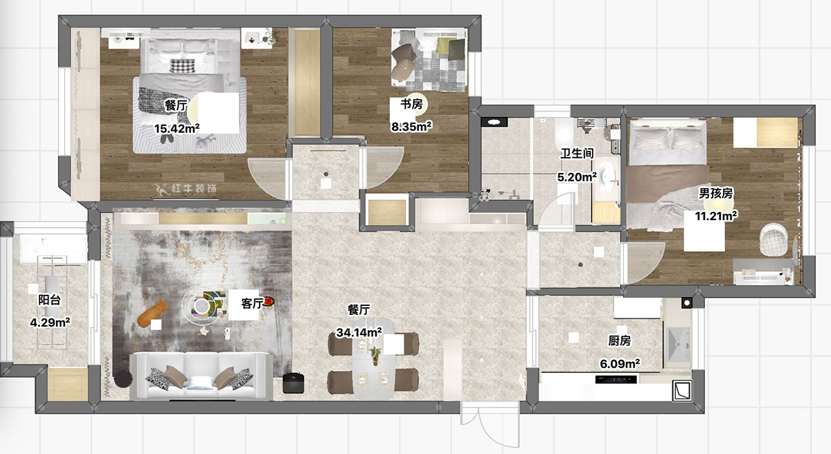 魏利利｜枫情水岸23-506-110㎡-现代简约风格｜3室2厅1卫｜二手房改造｜定制家｜全包14万｜00_04平面彩图